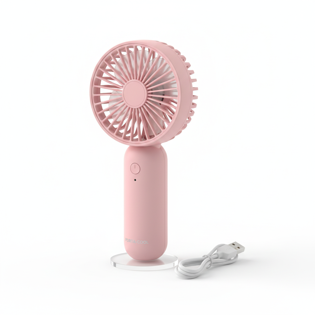 Pink mini handheld fan on white background