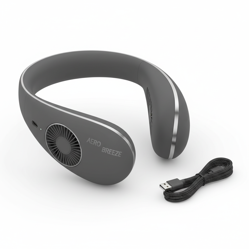 Portable wearable neck fan on white background